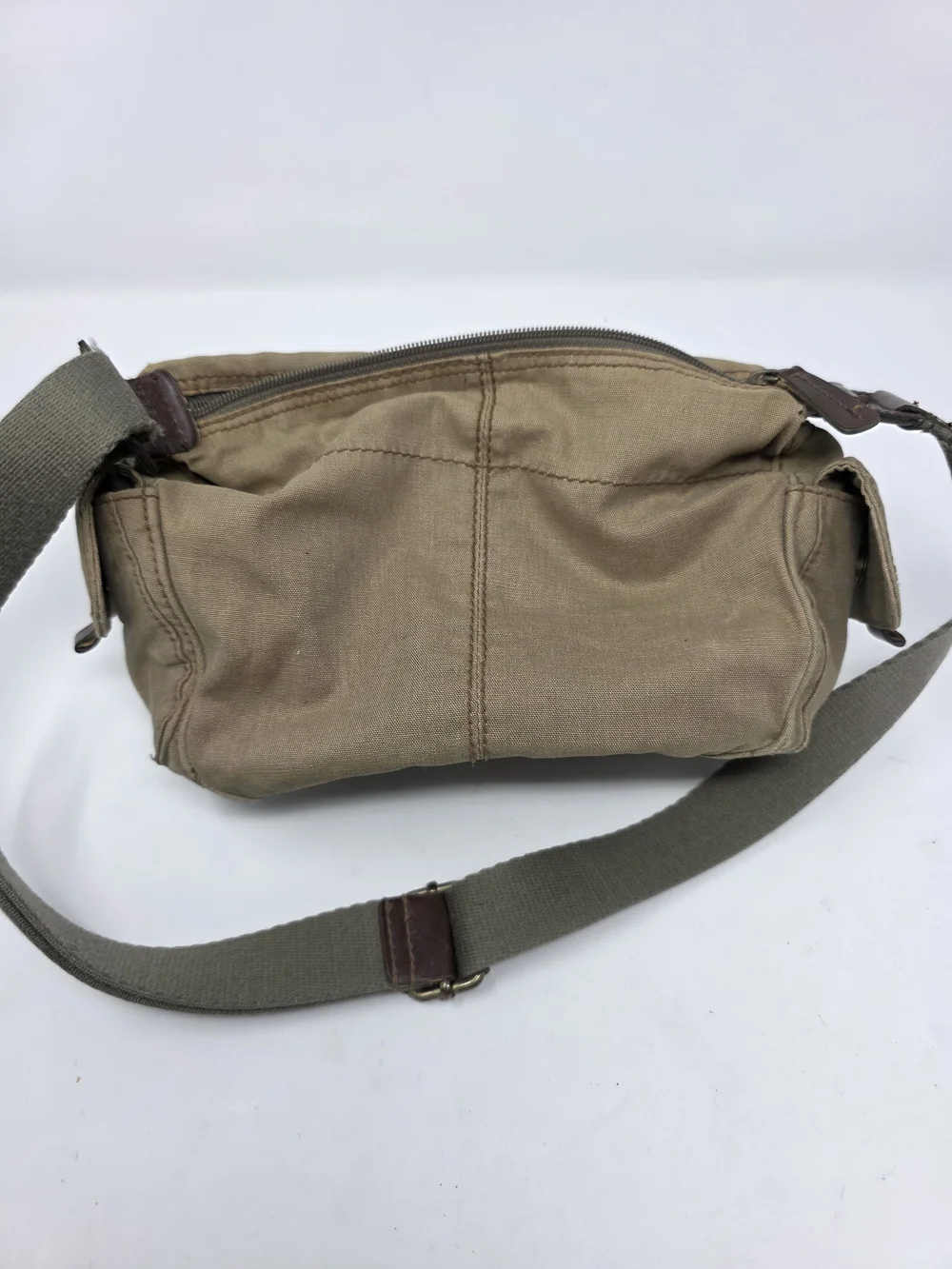Fossil Tan Canvas Crossbody Bag Small Khaki Utility Shoulder Purse Leather Trim